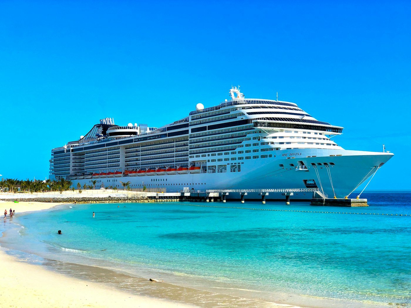 A cruise ship at a tropical port